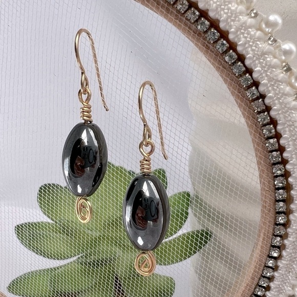 HEMATITE and Gold Beaded Dangle Earrings - Picture 6 of 12